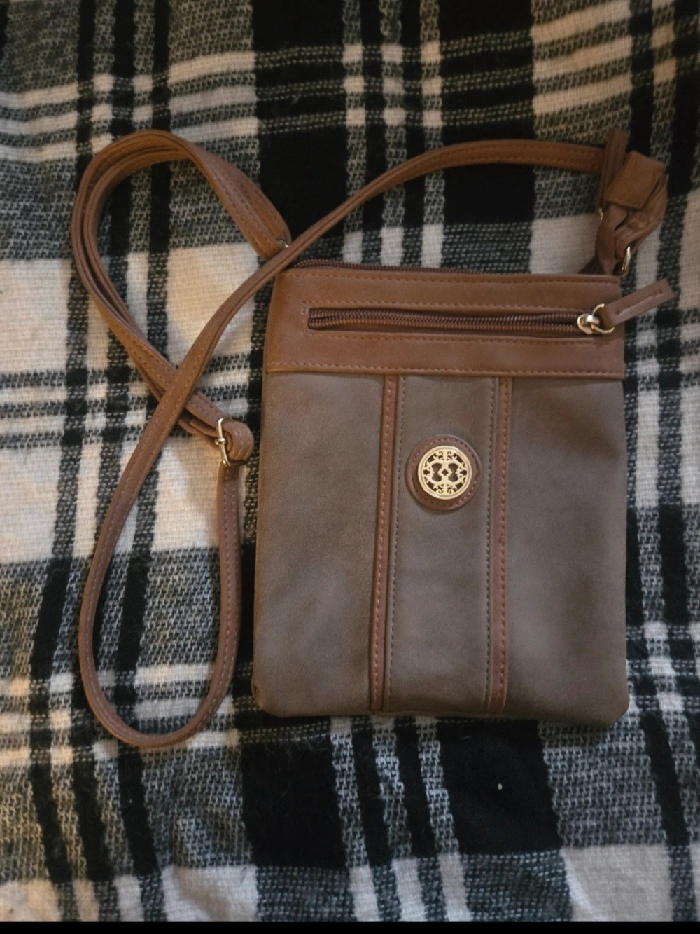 Brown Leather Crossbody with Gold Logo Medallion